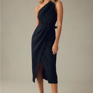 Anthropologie Black Linen One-Shoulder Sheath Dress